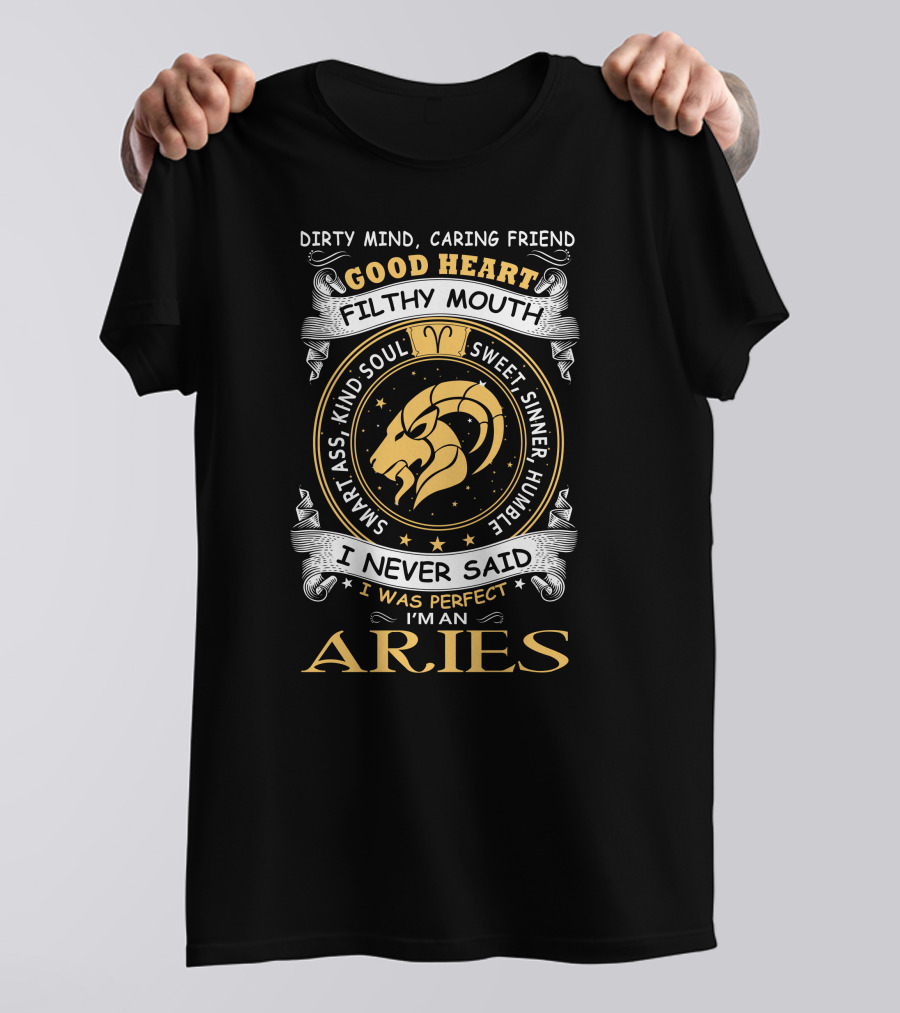 Dirty Mind Caring Friend Good Heart Filthy Mouth Sweet Sinner Humble I Never Said I Was Perfect I Am An Aries Smart Ass Kind Soul T-Shirt