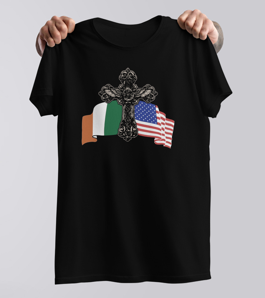 Celtic Cross Irish And American Flags T-Shirt