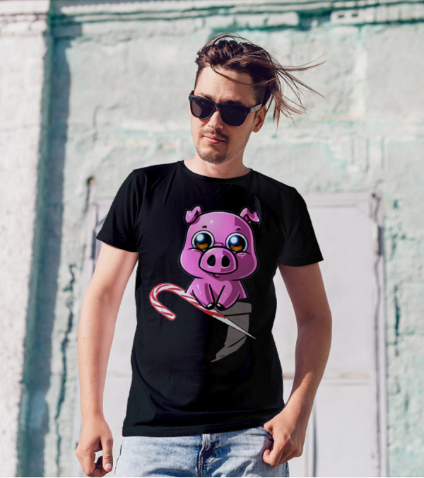 Adult Billy Cute Cartoon Pig With Candy Cane In Pocket T-Shirt