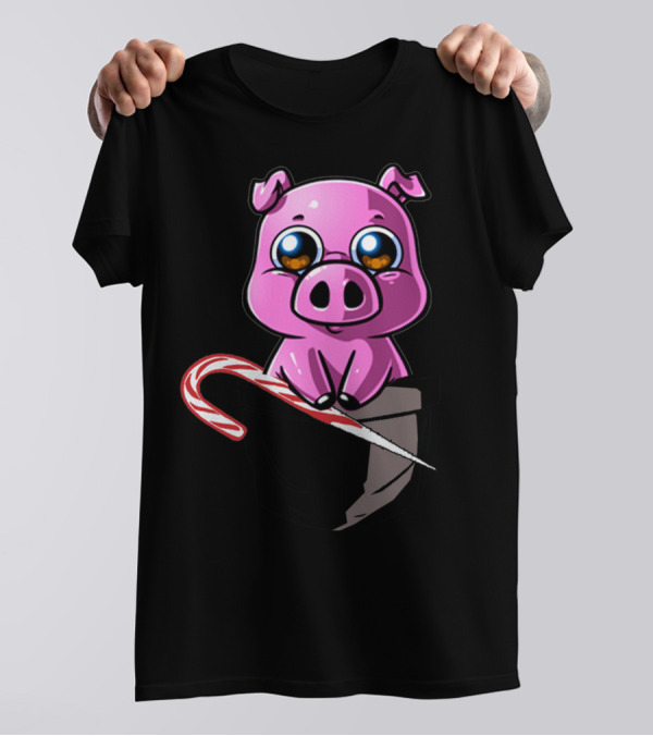 Adult Billy Cute Cartoon Pig With Candy Cane In Pocket T-Shirt