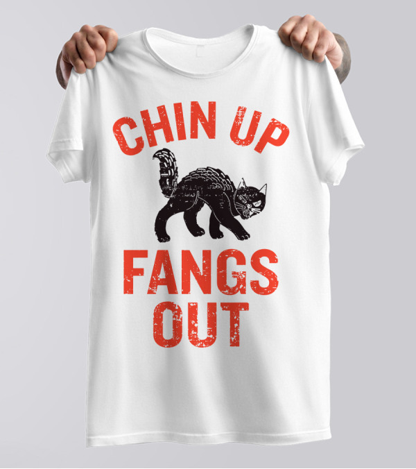 Chin Up Fangs Out Black Cat Arched Back Halloween Fun T-Shirt