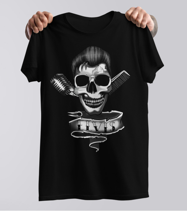 Elvis Gothic Skull With Microphone And Comb T-Shirt
