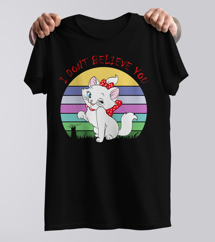 I Dont Believe You Cute White Cat With Red Bow Stripe Background T-Shirt