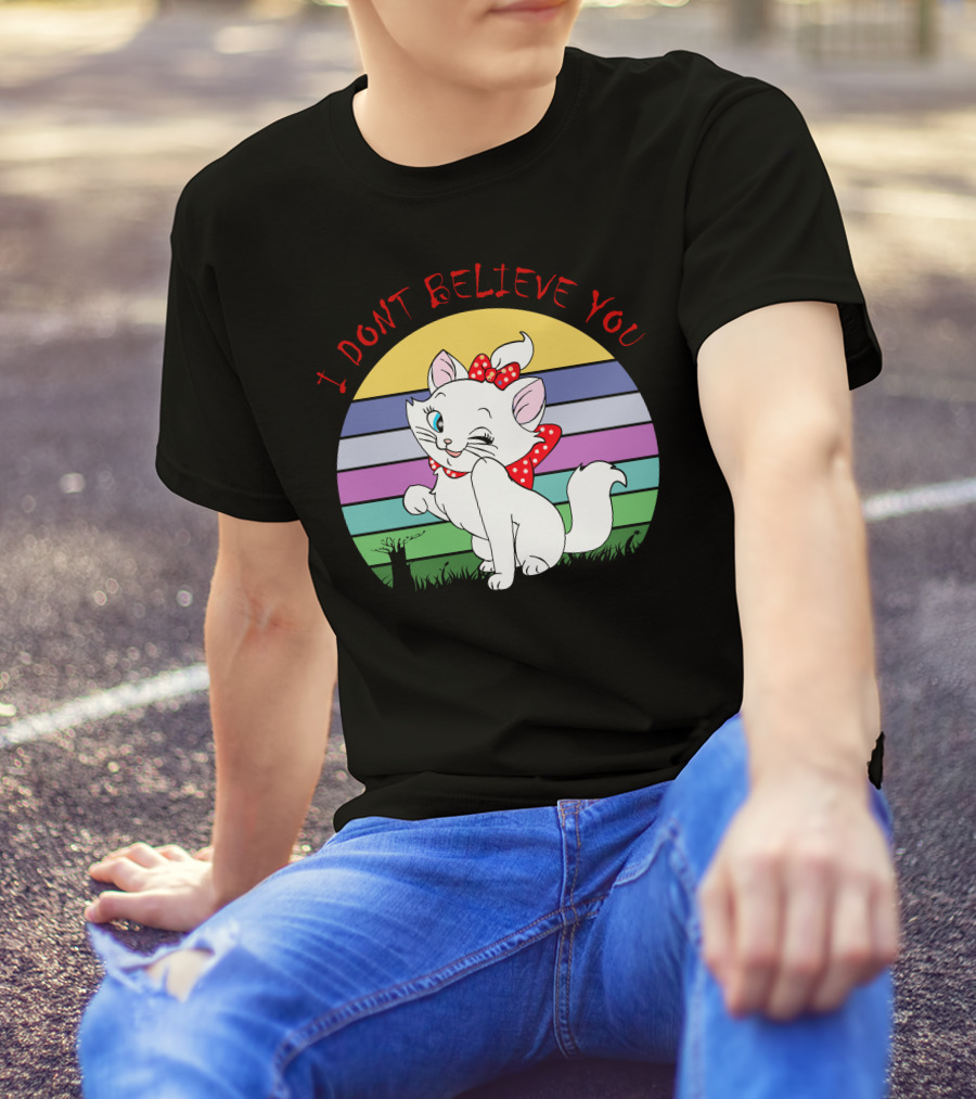 I Dont Believe You Cute White Cat With Red Bow Stripe Background T-Shirt