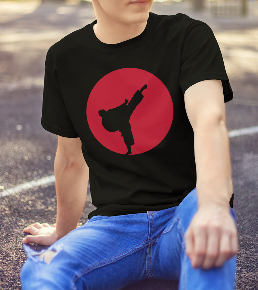 Martial Arts Kick Silhouette On Red Circle Emblem T-Shirt