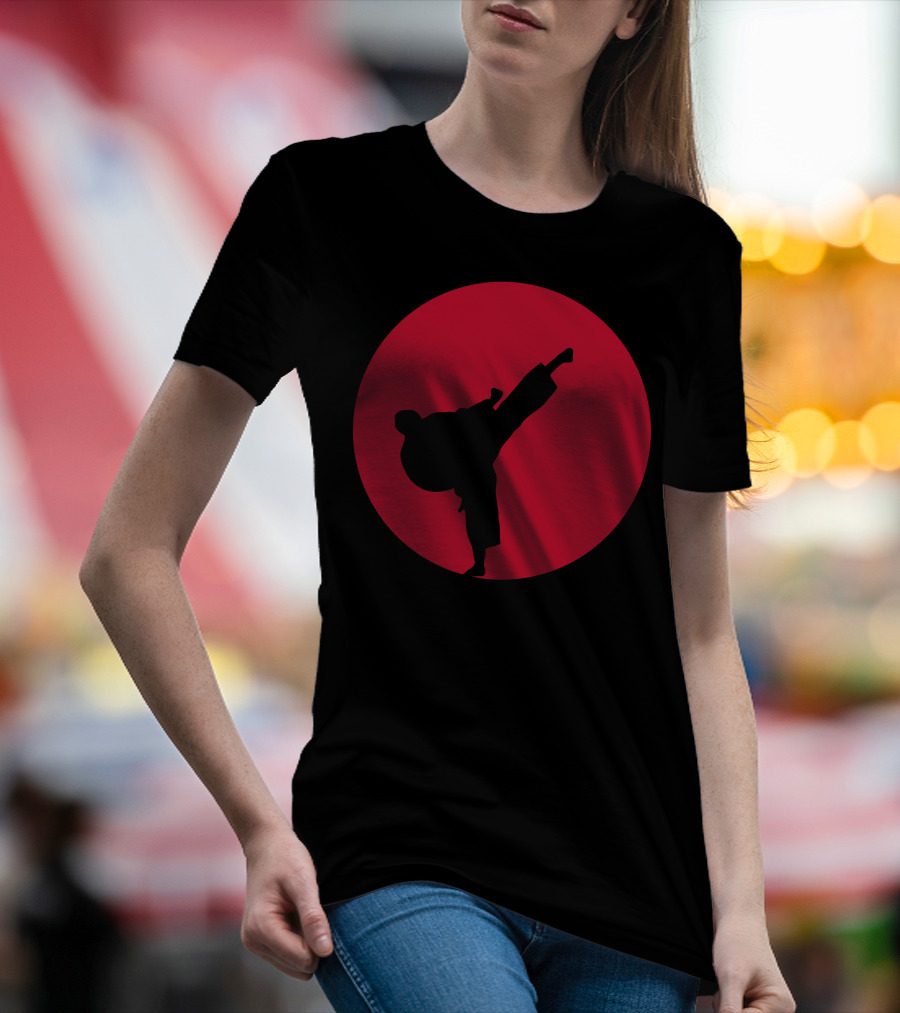 Martial Arts Kick Silhouette On Red Circle Emblem T-Shirt