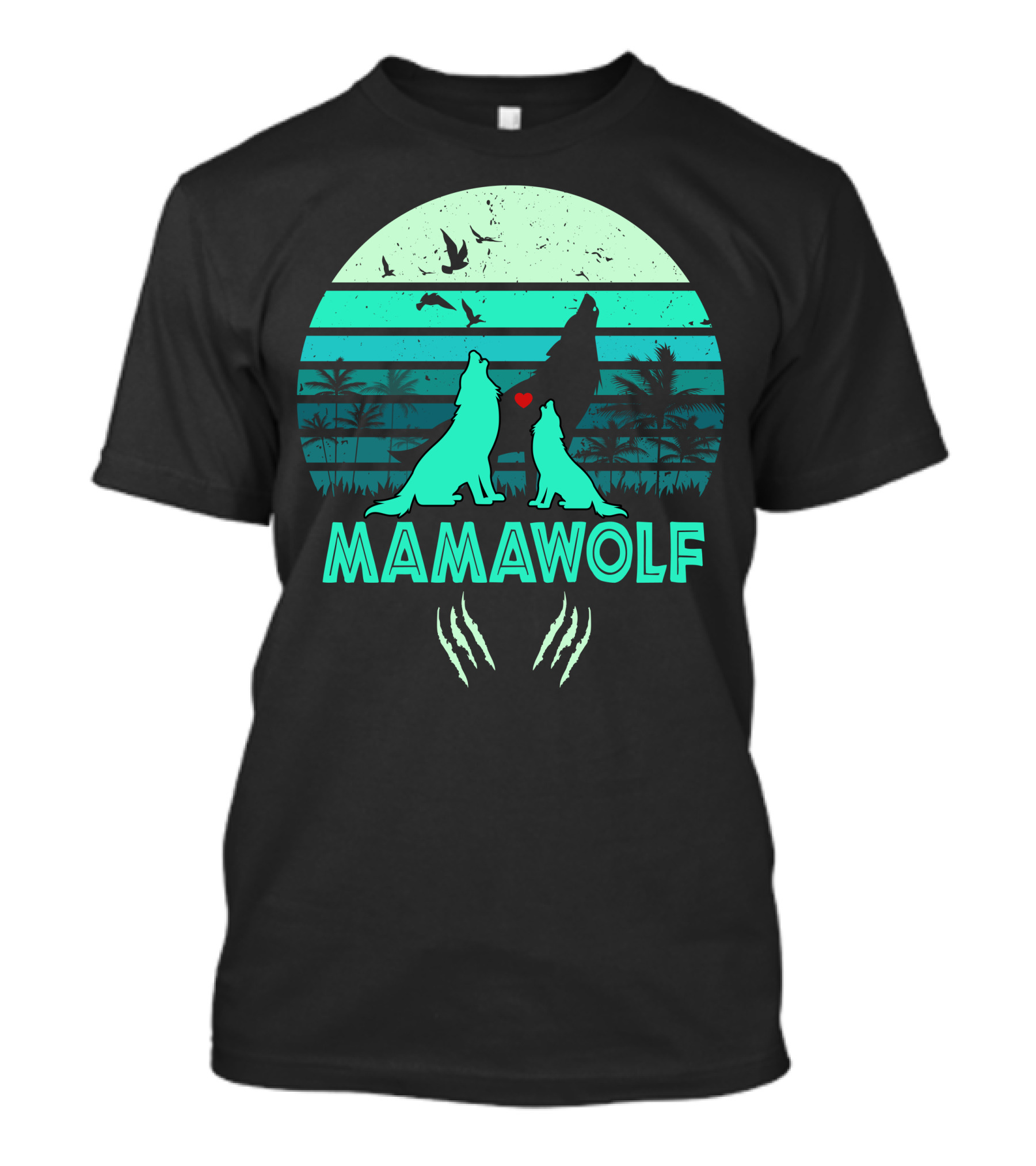 Mamawolf Howling Wolves Tropical Sunset With Heart And Claw Marks T-Shirt