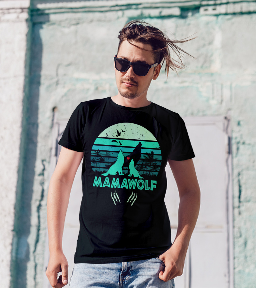 Mamawolf Howling Wolves Tropical Sunset With Heart And Claw Marks T-Shirt