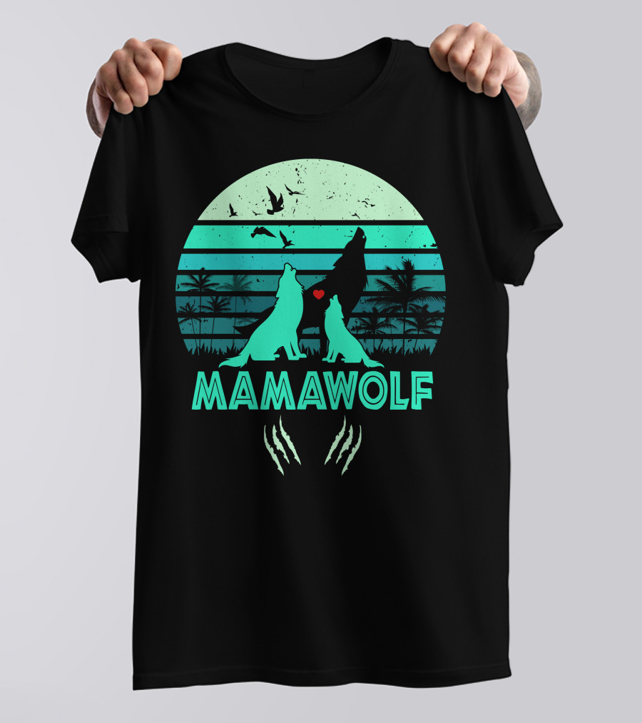 Mamawolf Howling Wolves Tropical Sunset With Heart And Claw Marks T-Shirt