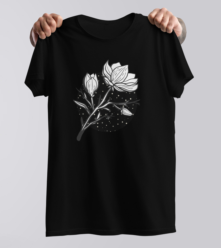 Midnight Magnolias Blossoming Under Starry Night Sky T-Shirt