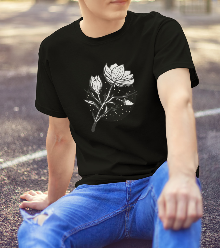 Midnight Magnolias Blossoming Under Starry Night Sky T-Shirt