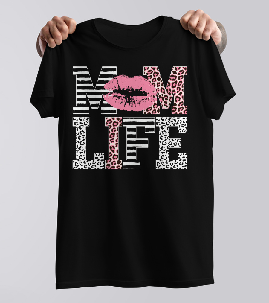 Mom Life Zebra And Leopard Print With Pink Lip T-Shirt