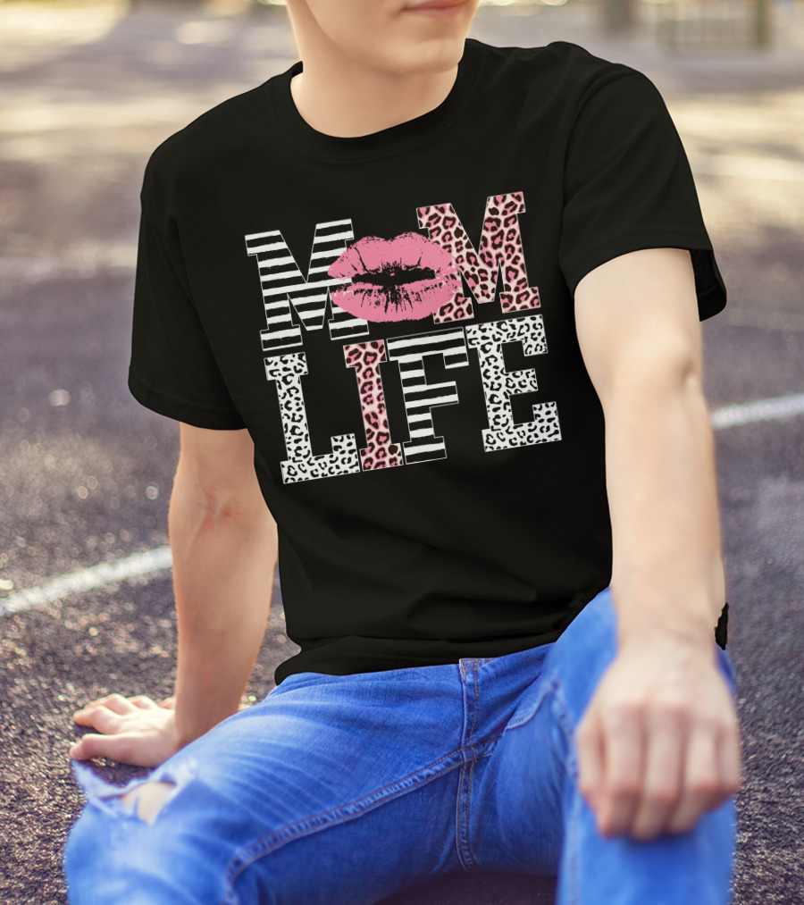 Mom Life Zebra And Leopard Print With Pink Lip T-Shirt