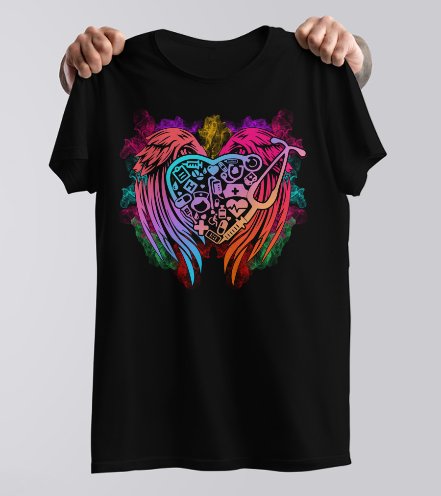 Nurse Angel Wing Heart With Medical Icons And Stethoscope T-Shirt