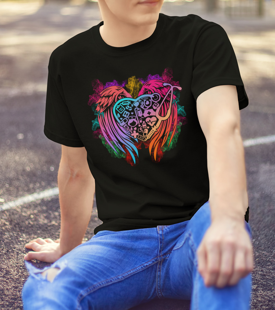 Nurse Angel Wing Heart With Medical Icons And Stethoscope T-Shirt