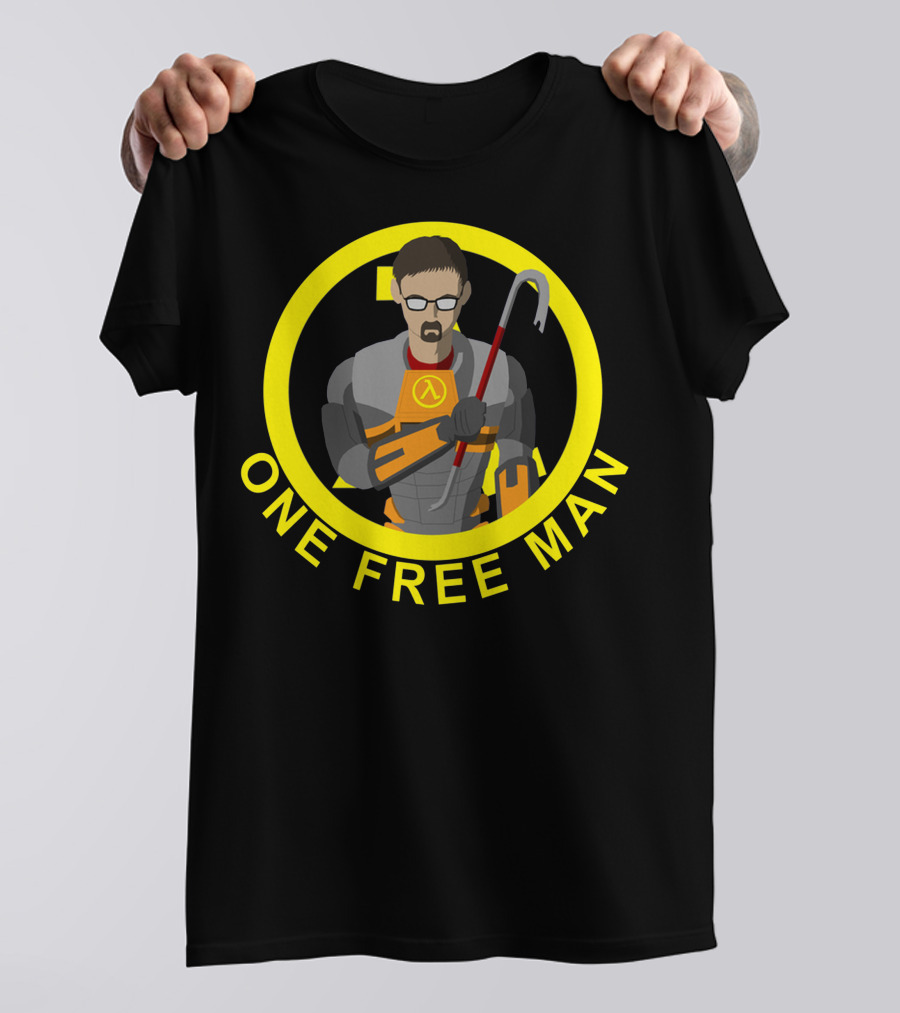 One Free Man Half-Life Gordon Freeman Lambda Circle Yellow Crowbar T-Shirt