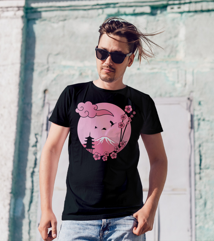 Cherry Blossom Sakura Pagoda With Pink Sun And Mountain T-Shirt