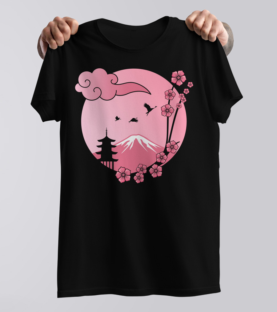 Cherry Blossom Sakura Pagoda With Pink Sun And Mountain T-Shirt