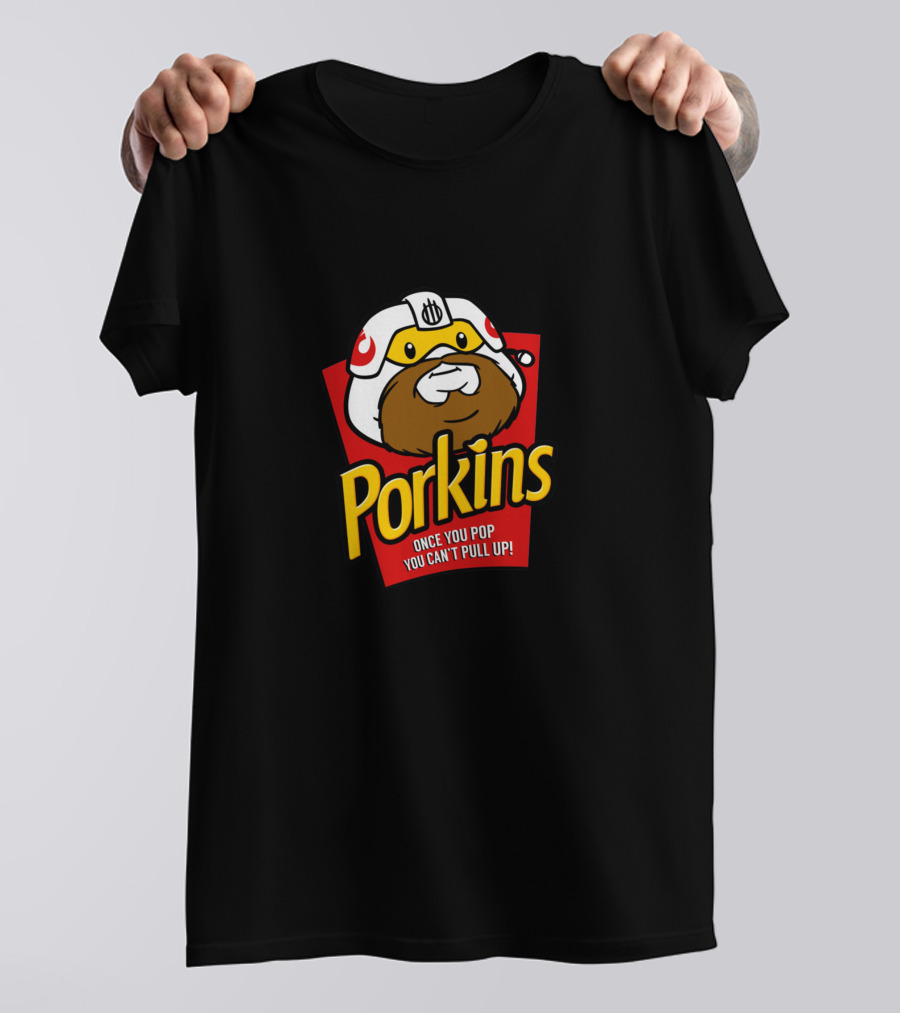 Porkins Once You Pop You Can't Pull Up Helmet Beard Red Box T-Shirt