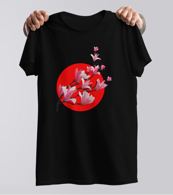 Sakura Blossom Branch Against Red Moon T-Shirt