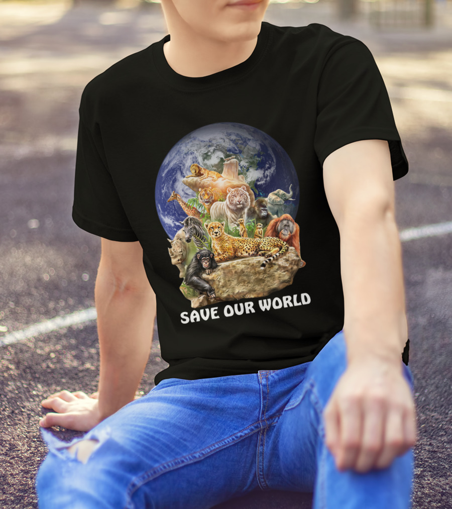 SAVE OUR WORLD Earth Animals Lion Tiger Rhino Cheetah Chimpanzee Orangutan Conservation T-Shirt