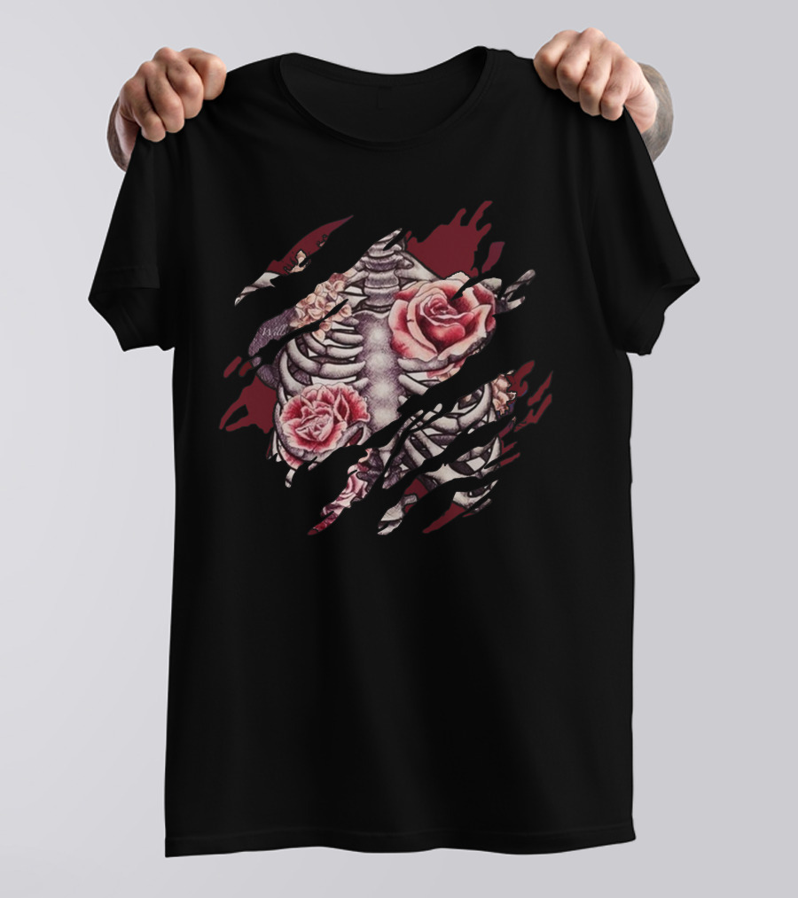 Skeleton Inside Roses Ribcage Rip T-Shirt