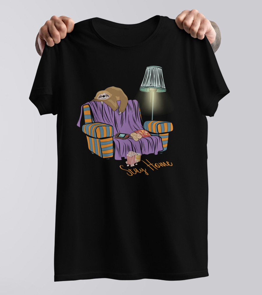 Stay Home Sloth Relaxing On Couch With Snacks And Lamp T-Shirt