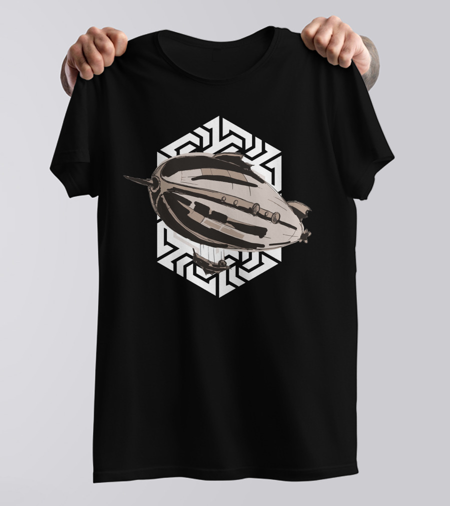 Steampunk Airship With Geometric Hexagon Background T-Shirt