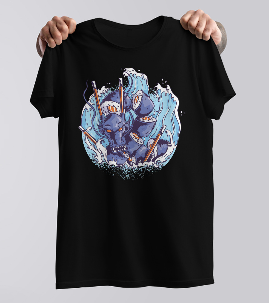 Sushi Dragon Sea Serpent With Chopsticks And Waves T-Shirt