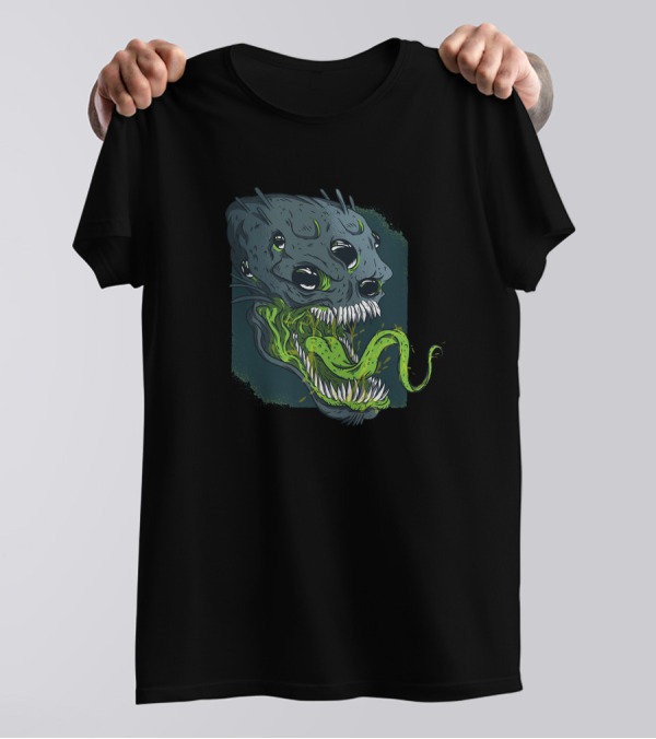 Terrifying Multi-Eyed Alien With Gaping Jaws And Green Tongue T-Shirt