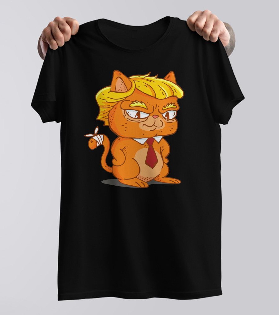 Trump Cat Cartoon Character In Tie And Yellow Hair T-Shirt