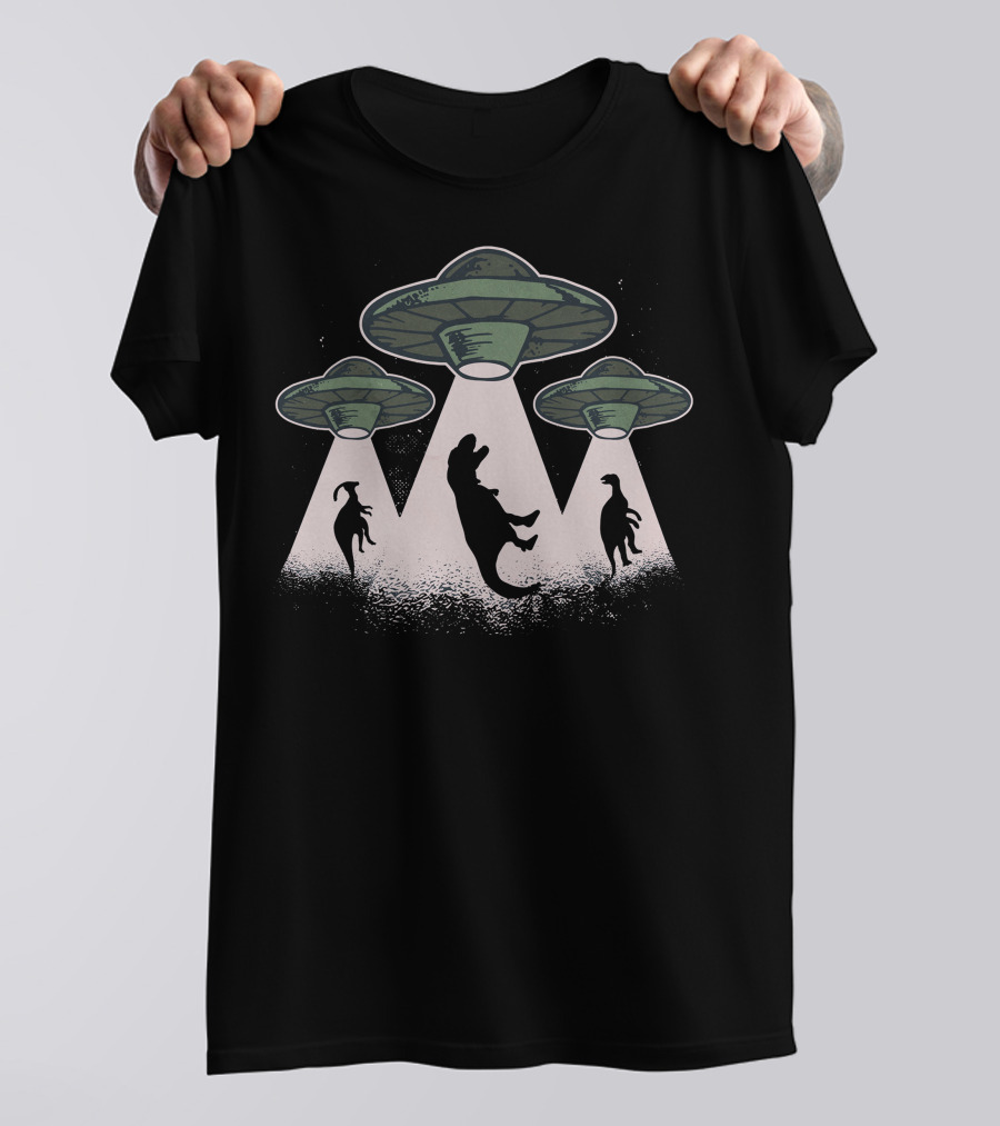 UFO Dinosaurs Abduction Silhouettes In Spaceship Beam T-Shirt