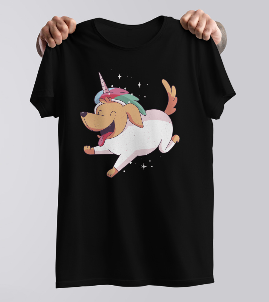 Unicorn Dog Running With Colorful Horn And Sparkling Stars T-Shirt