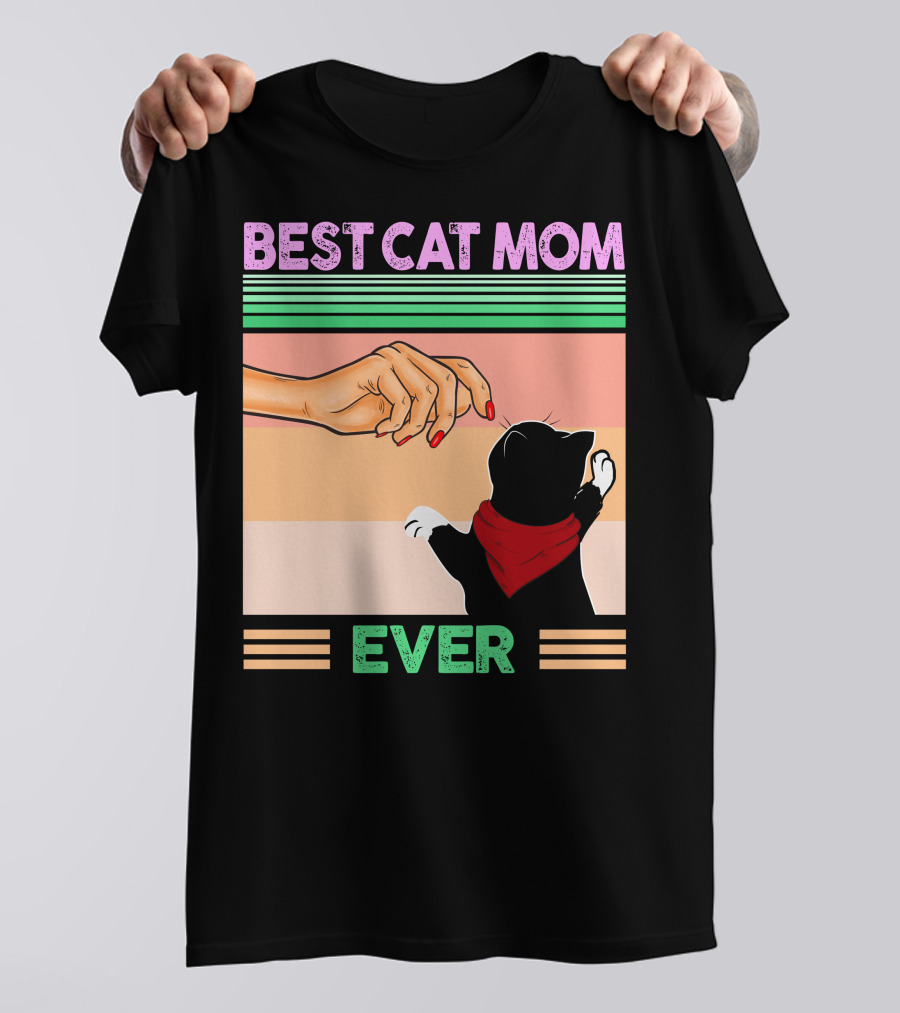 Best Cat Mom Ever Vintage Retro Stripes Cat And Human Hand Interaction T-Shirt