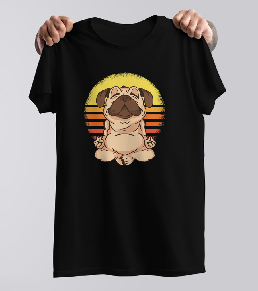 Yoga Pug Meditating In Retro Sunset T-Shirt