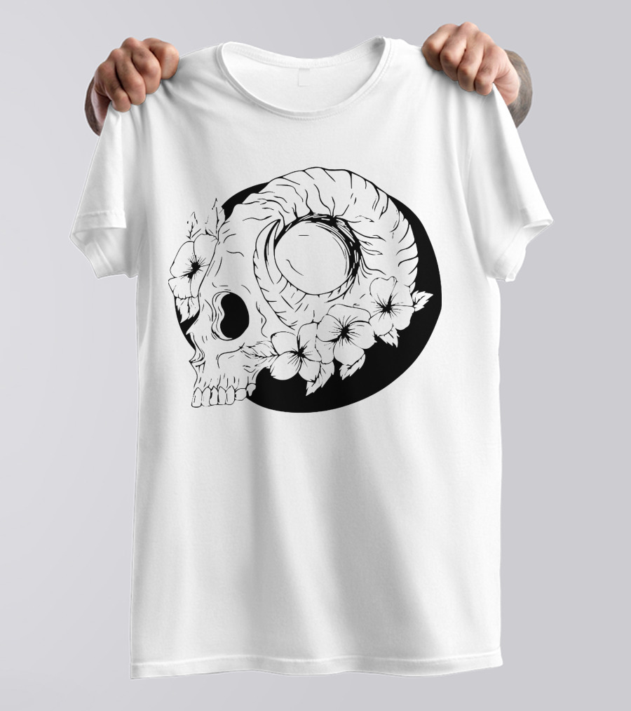 Dark Floral Skull Moon Design With Roses And Shadows T-Shirt