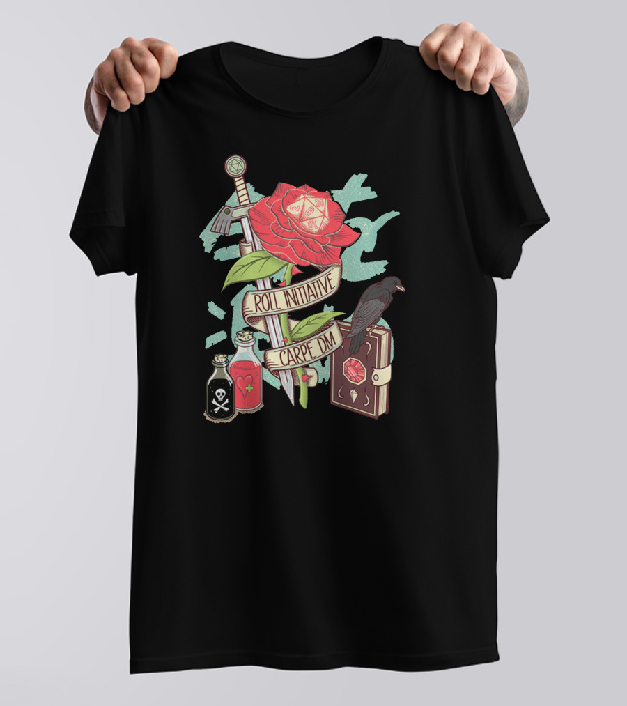 Carpe Dm Roll Initiative Sword Rose Raven Potion And Book T-Shirt