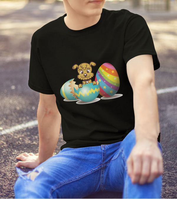 Dog Popping Out Of Colorful Easter Eggs Striped With Stars And Zigzags T-Shirt