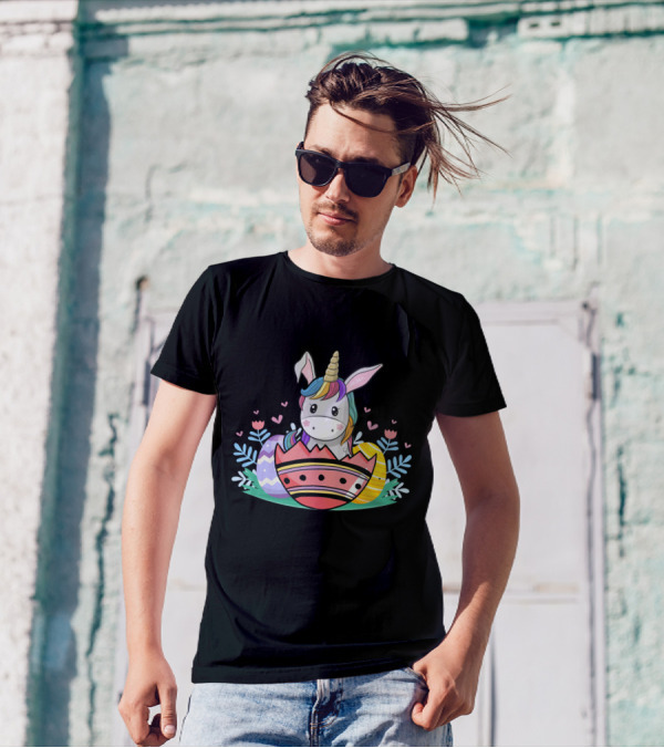 Easter Bunny Unicorn With Colorful Eggs And Hearts T-Shirt