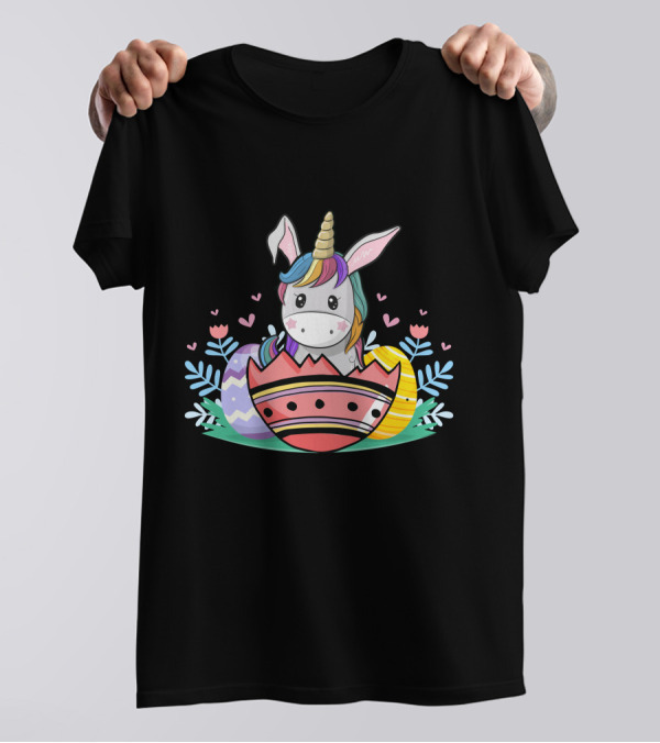 Easter Bunny Unicorn With Colorful Eggs And Hearts T-Shirt