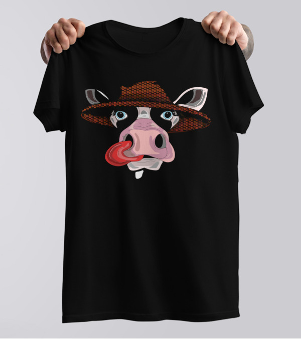 Farmer Cow With Straw Hat And Tongue Out T-Shirt