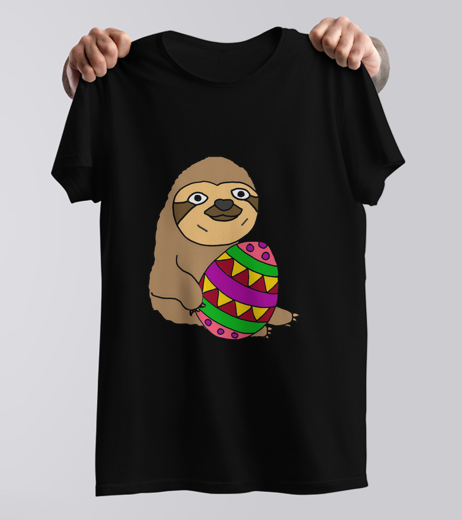 Funny Cute Sloth Hugging Colorful Easter Egg Cartoon T-Shirt