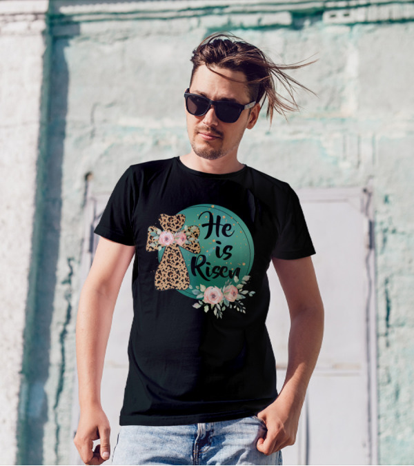 He Is Risen Leopard Print Cross Floral Circle T-Shirt
