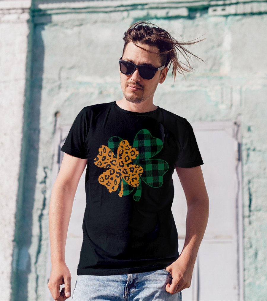 Leopard Print And Buffalo Plaid Shamrock T-Shirt