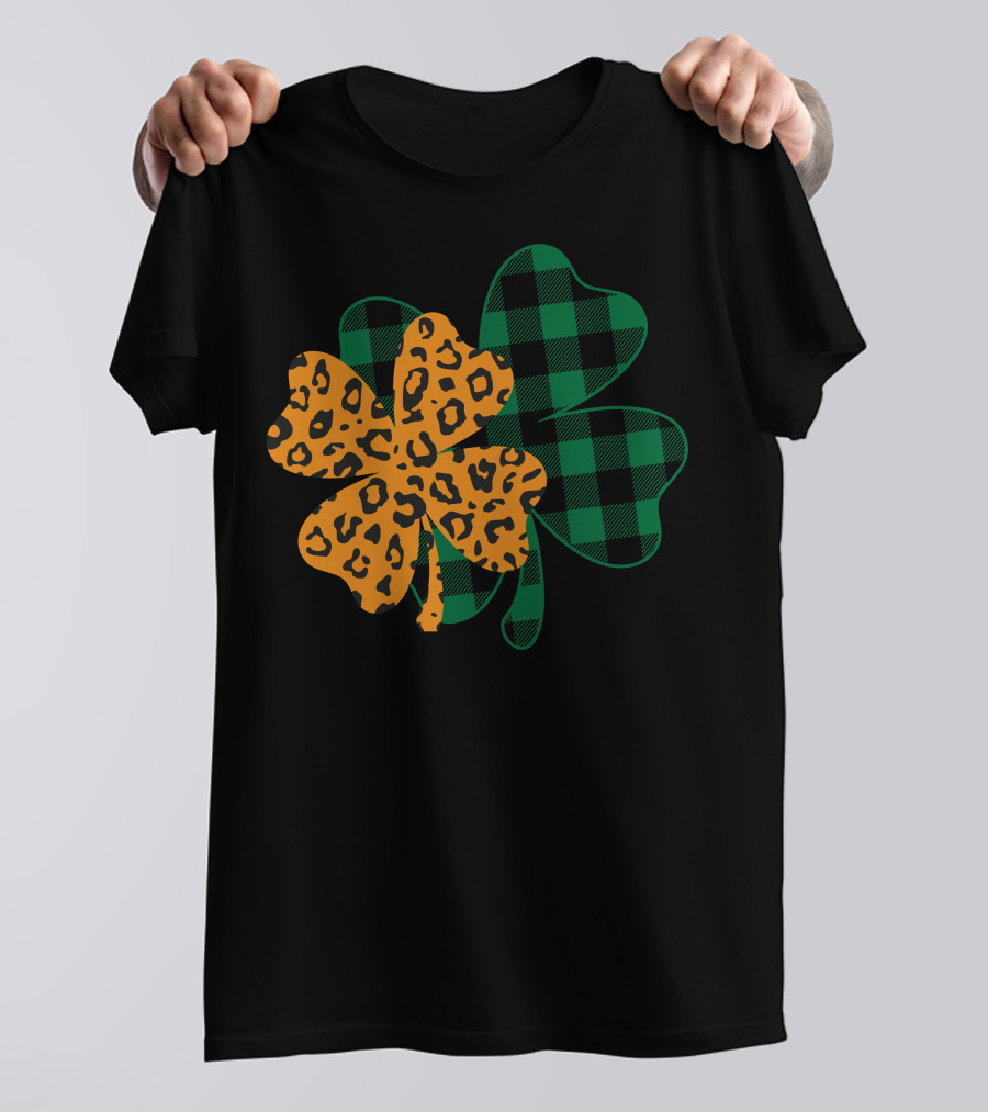 Leopard Print And Buffalo Plaid Shamrock T-Shirt