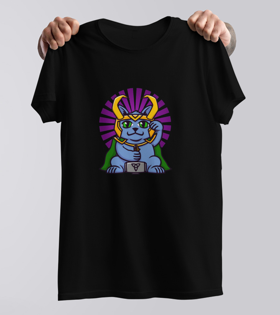 Loki Cat With Mjolnir And Horned Helmet Cartoon Hero T-Shirt