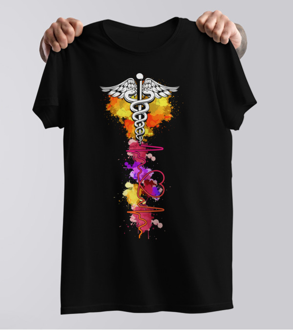 Nurse Heartbeat Caduceus Colorful Splatter T-Shirt
