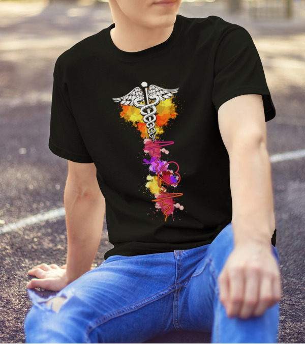 Nurse Heartbeat Caduceus Colorful Splatter T-Shirt