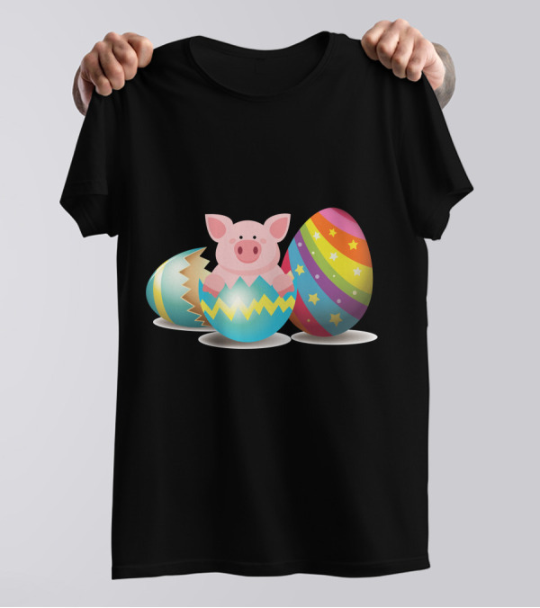 Pig In Colorful Easter Egg Stripes And Stars T-Shirt