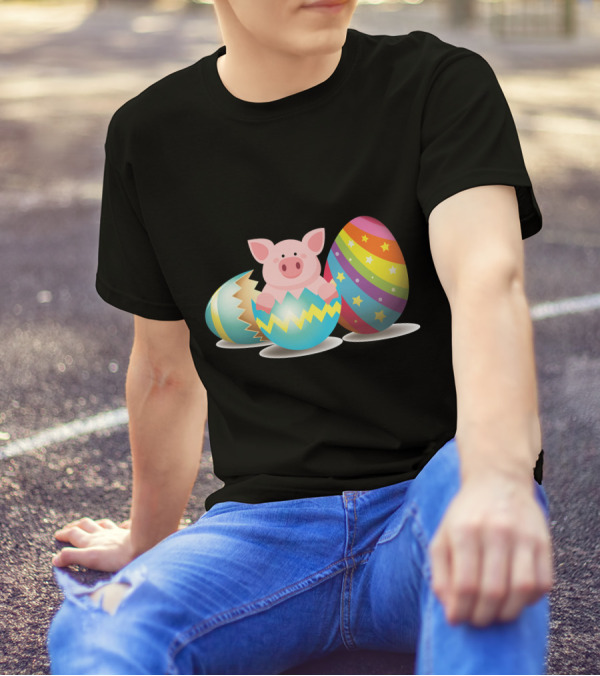 Pig In Colorful Easter Egg Stripes And Stars T-Shirt